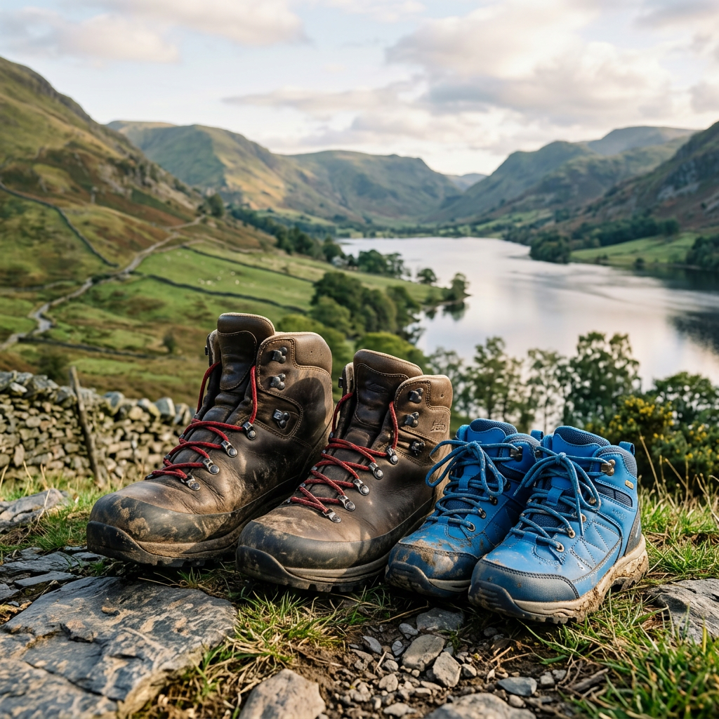 Two pairs of muddy hiking boots, one brown and one blue, on rocky ground with a lake and green hills in the background